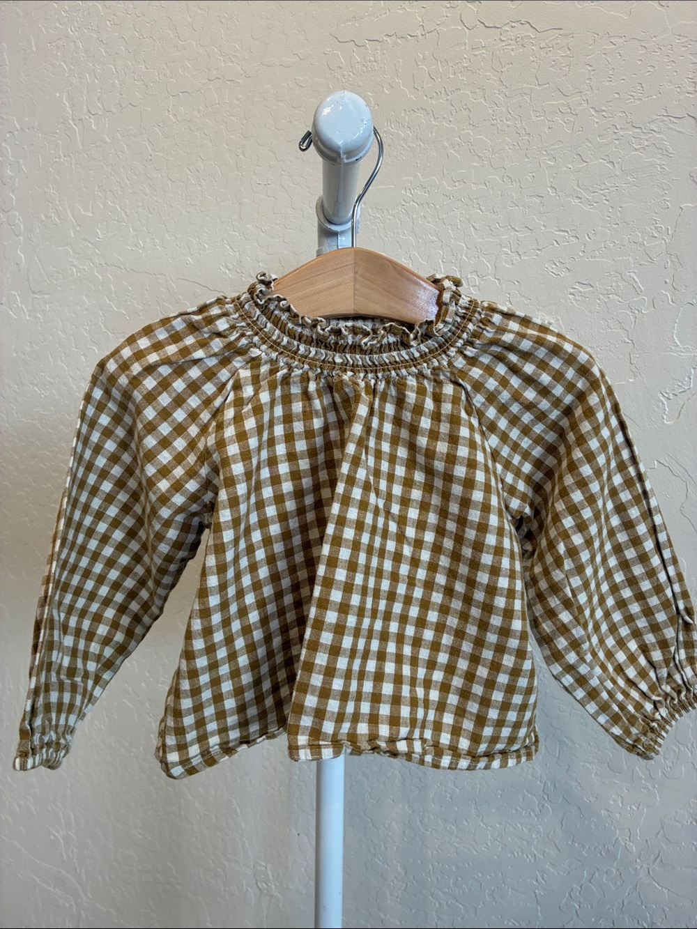 Rylee + Cru Mustard and White Gingham Smocked Neck Top